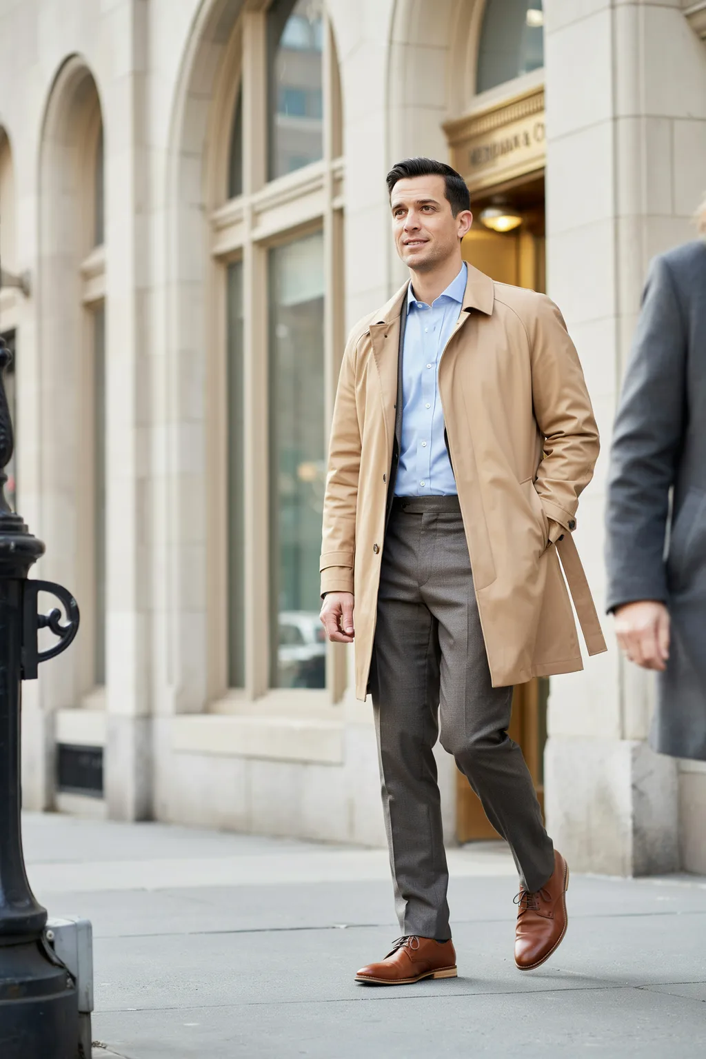 Trench Coat with Grey Flannel Trousers